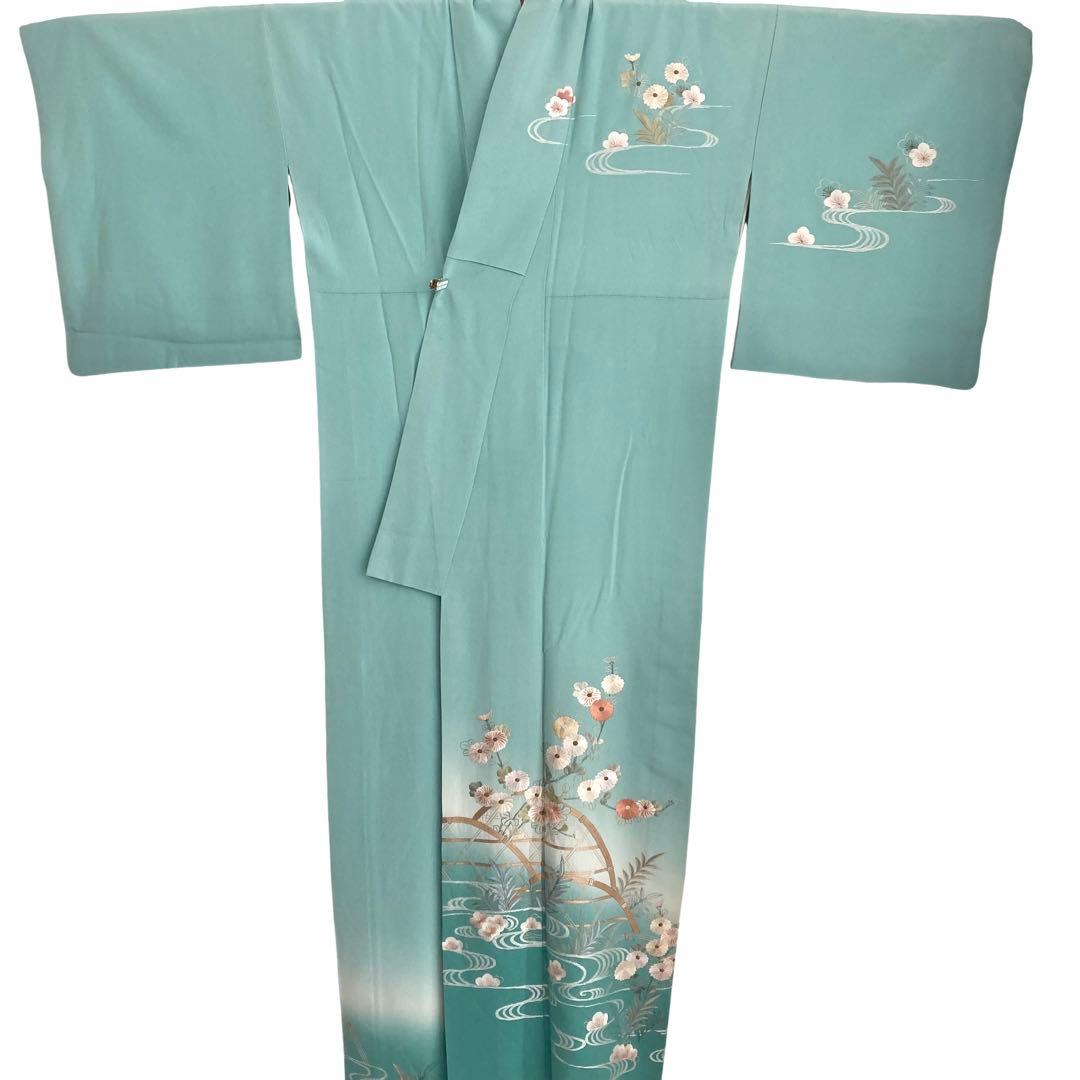 ☆淡い水浅葱色 身丈157 刺繍 訪問着 着物 NO44