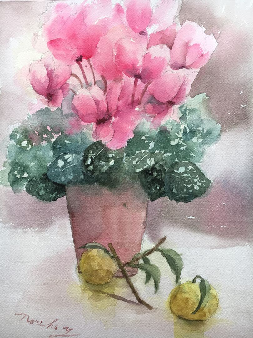 透明水彩画原画ピンクのシクラメン シクラメン 水彩画 原画 - メルカリ