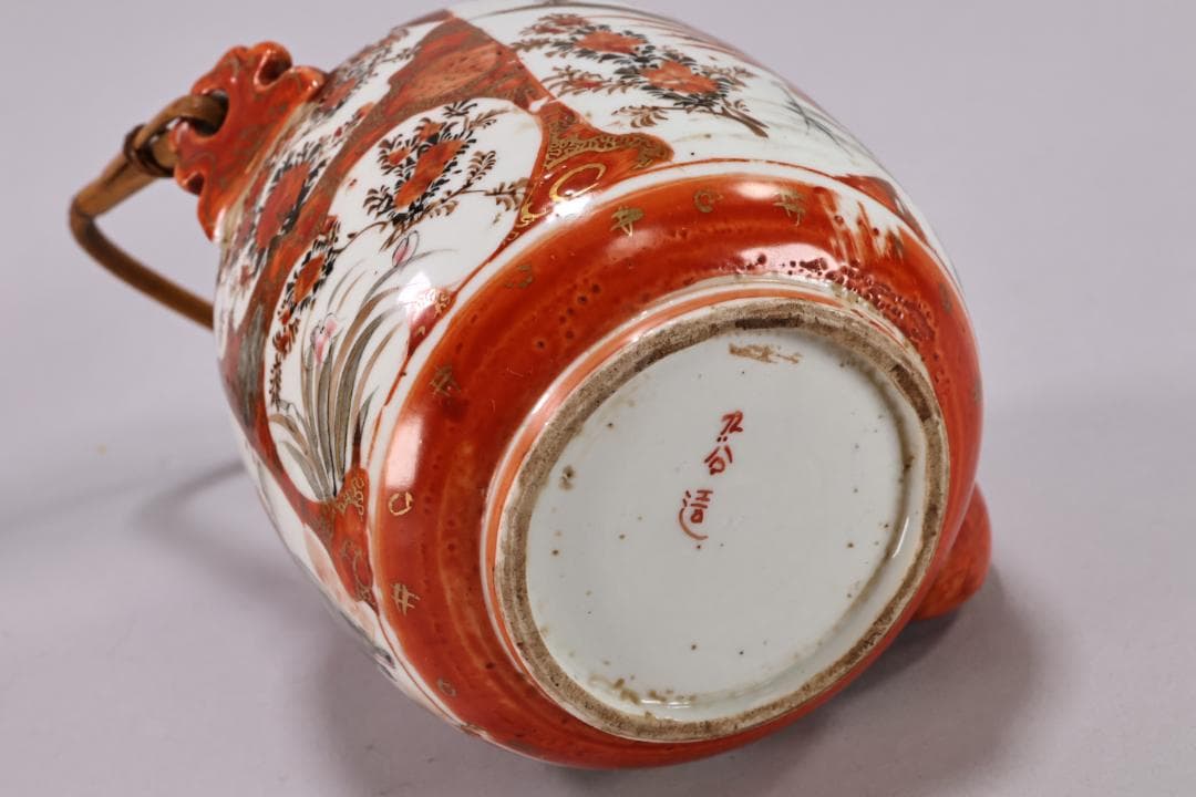 明治期 九谷造 赤絵 花鳥唐子図 注水 急須 重さ347g 茶道具 煎茶道具