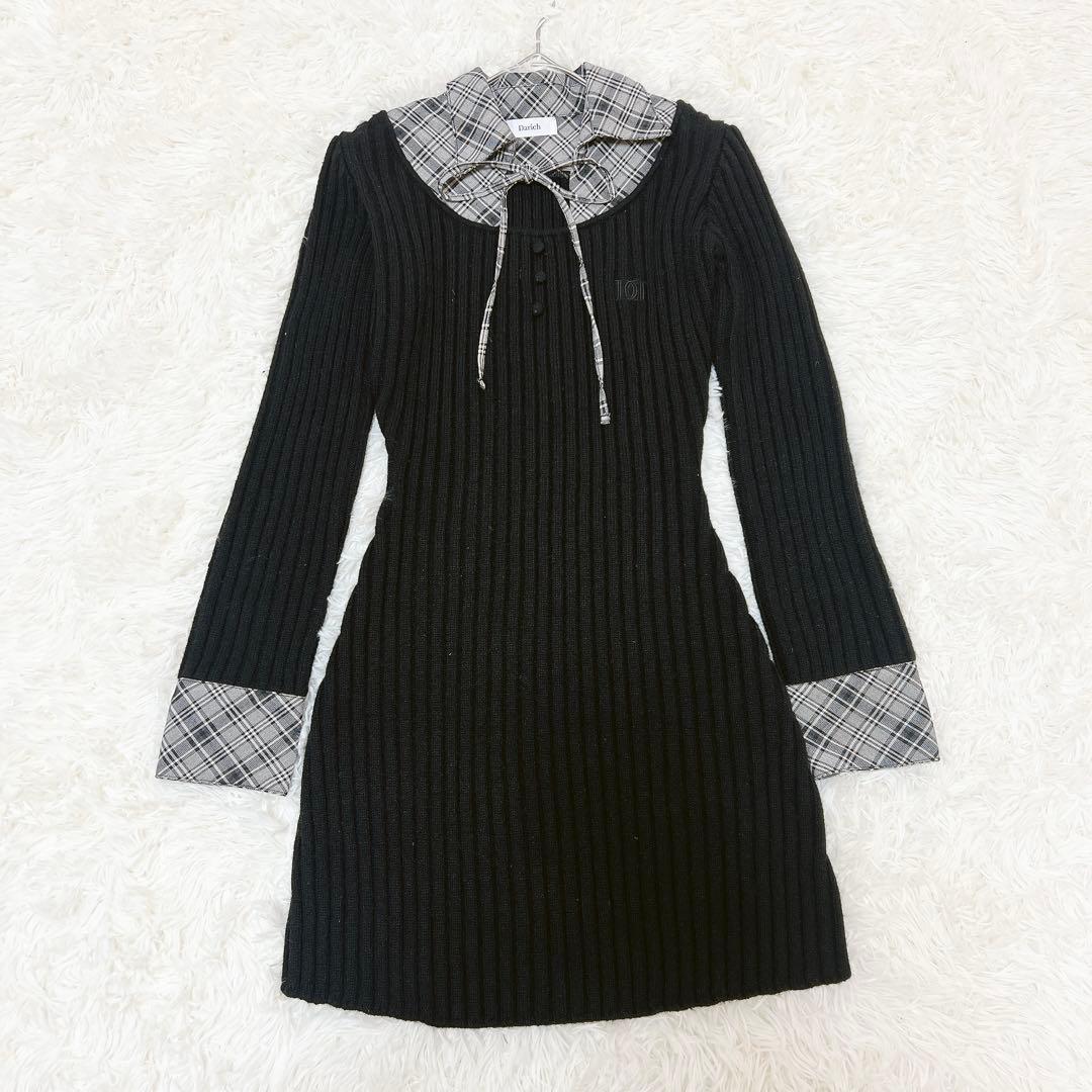 Darich ダーリッチ レイヤードライクニットミニワンピース 襟 胸元リボン
