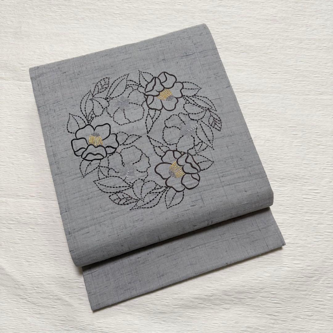 m-109 刺し子 刺繍 紬 花 名古屋帯 正絹 - メルカリ