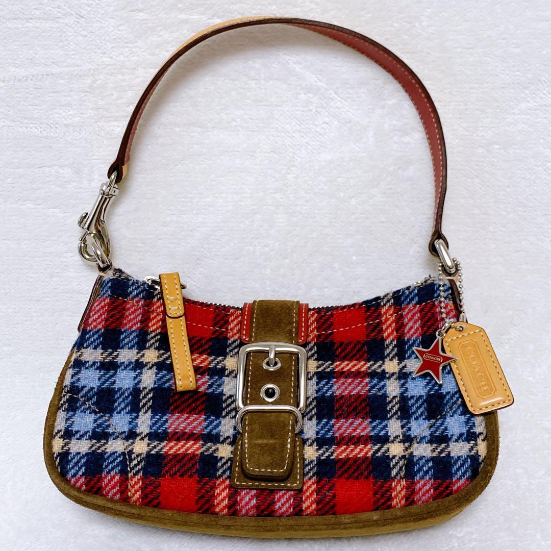 美品 COACH アクセサリーポーチ ウール スエード チェック柄 ソーホー