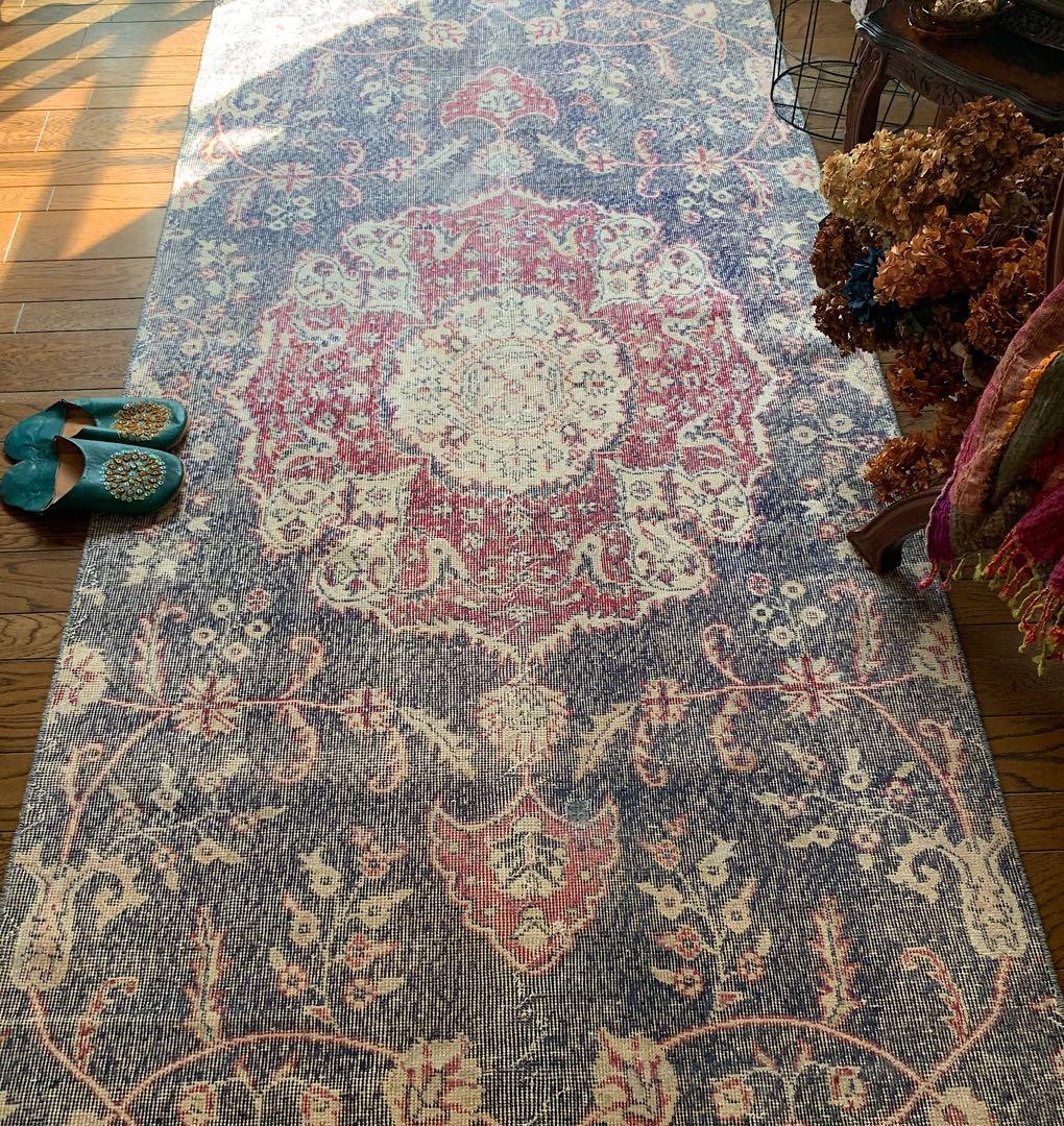大判　ロング　251×112 トルコヴィンテージラグ　インディゴ　ローズレッド 大判 ロング 251×112 トルコヴィンテージラグ インディゴ ローズレッド