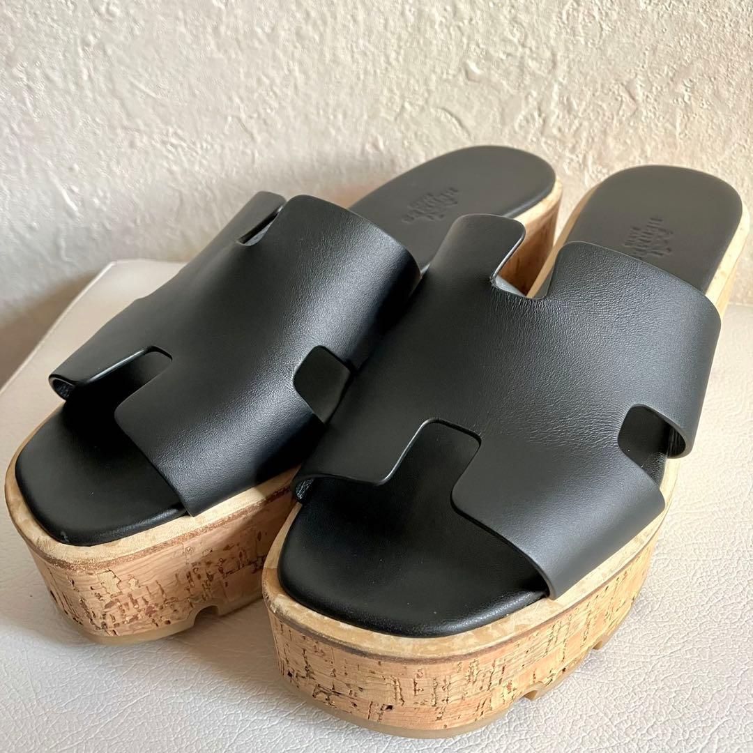 HERMES エルメス エズ サンダル 厚底 レザー ブラック 38 24.5