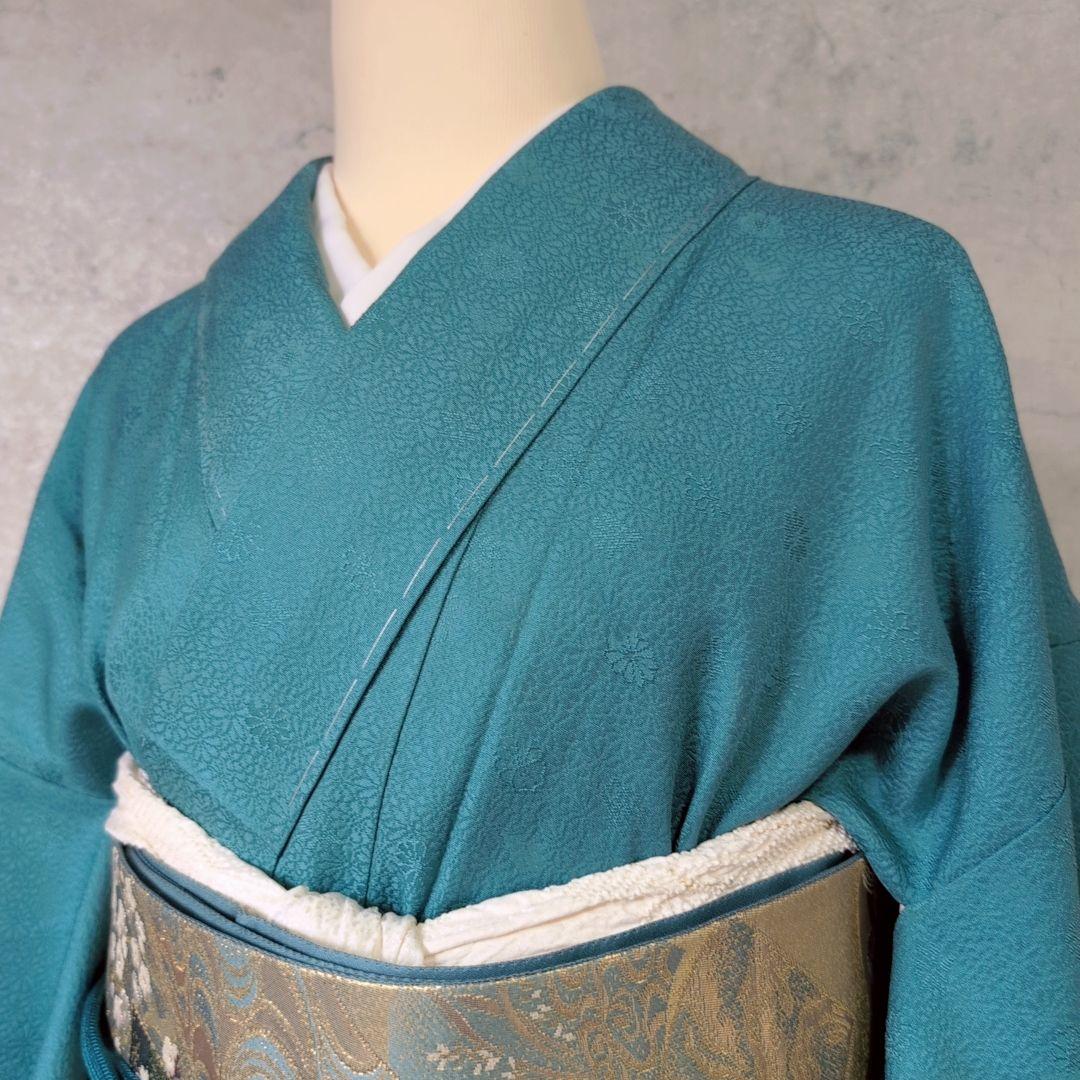 色無地 着物 フルセット 正絹 青緑 しつけ糸 地紋花柄 シンプル D2