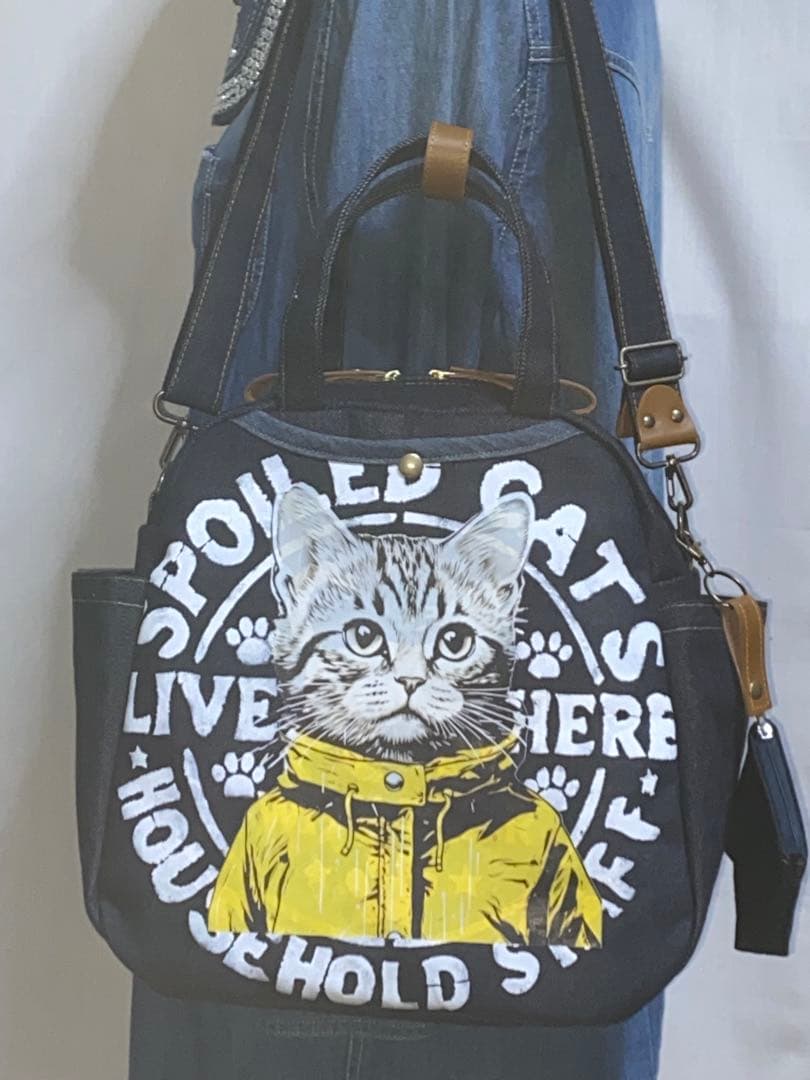 ☆岡山デニム☆ステンシル☆トラネコ☆リュック対応☆4wayボストンバッグ