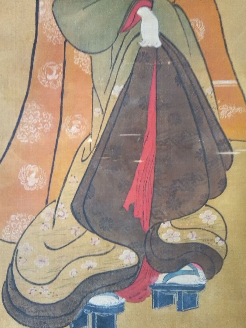 掛け軸、浮世絵美人画絹本、小磯崎雪窓画(浮世絵名歌川芳秀）