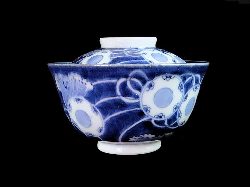 古伊万里 染付 鼓に調緒の図 蓋茶碗 江戸期 E213AS-CHlの通販｜www