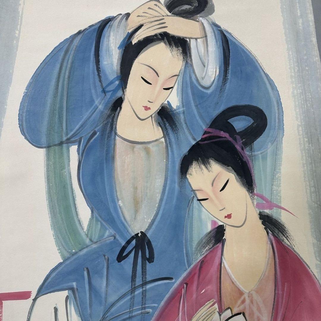 四尺中堂 中国近代風 人物画 掛け軸 仕女図 手描き作品・表装済み