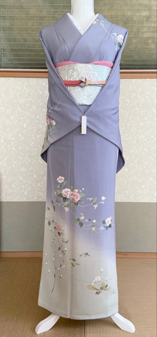 紫味のブルーグレー 友禅 花模様 訪問着（袷）フルセット トールサイズ