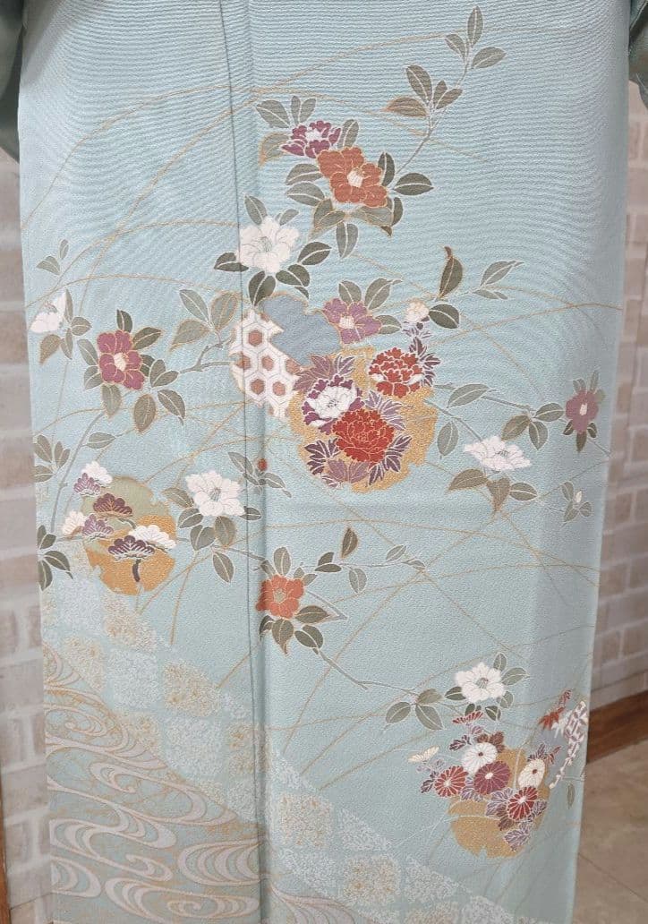 しつけ糸付き未使用水色訪問着4点フルセット、着物、袋帯、帯締め