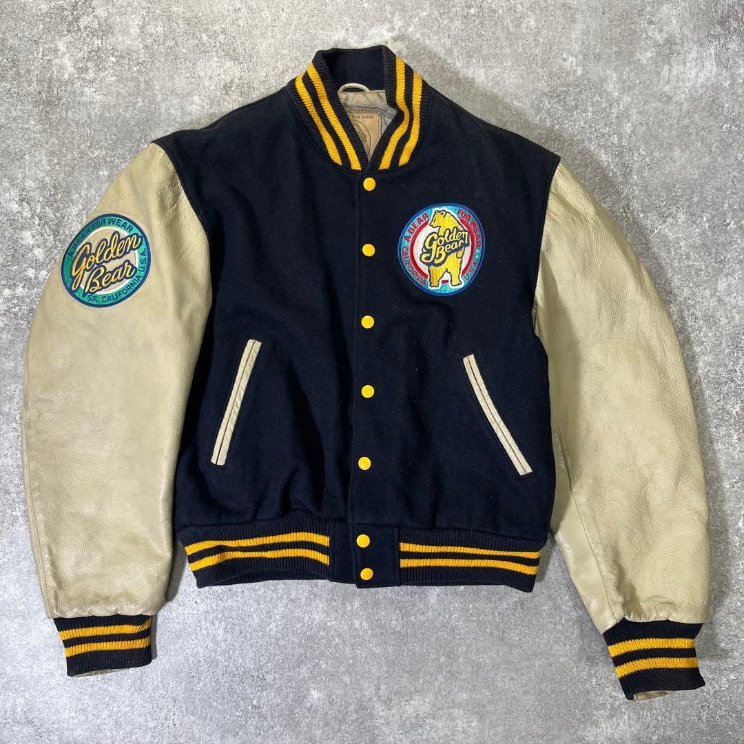 90s USA製 GOLDEN BEAR スタジャン M 刺繍 袖レザー 紺 - メルカリ