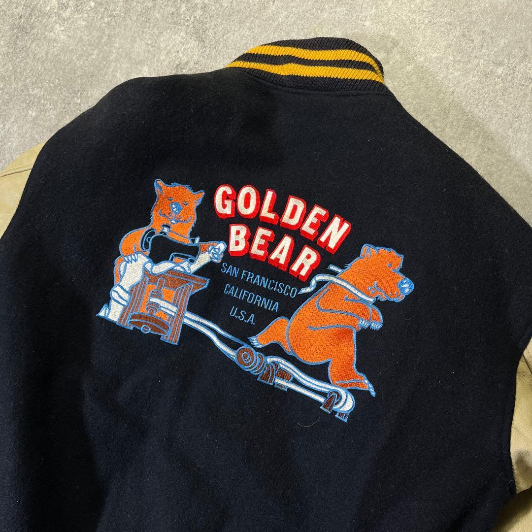 90s USA製 GOLDEN BEAR スタジャン M 刺繍 袖レザー 紺 - メルカリ