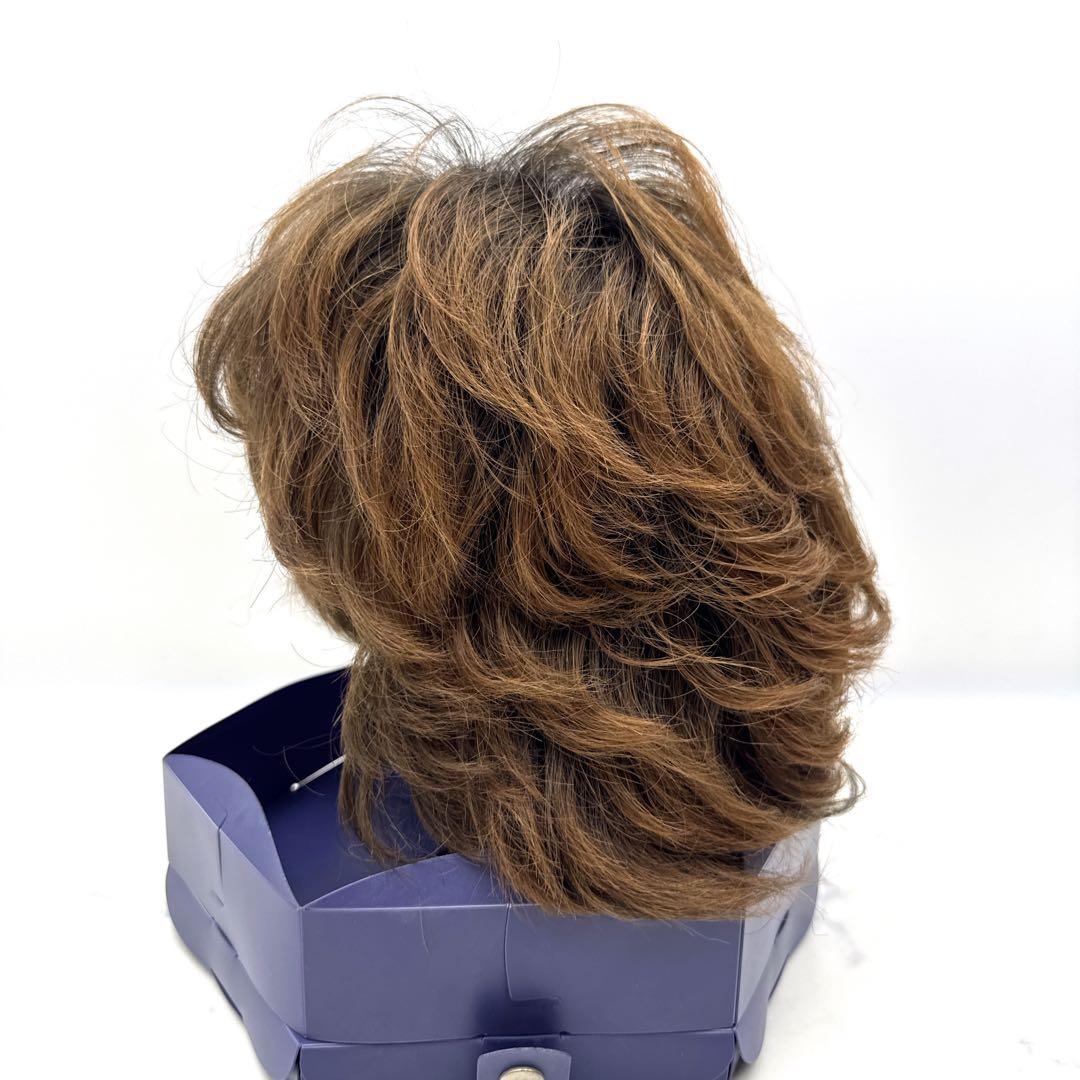 美品 フォンテーヌ 人毛100%フルウィッグ ブラウン系 ウェーブ パーマ