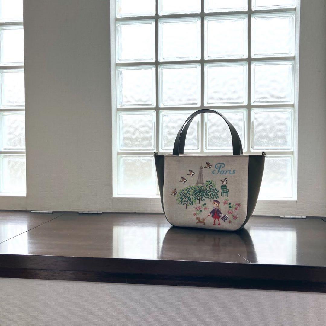 クロスステッチ❤︎本革持ち手トートバッグ サモイロフ ハンドメイド