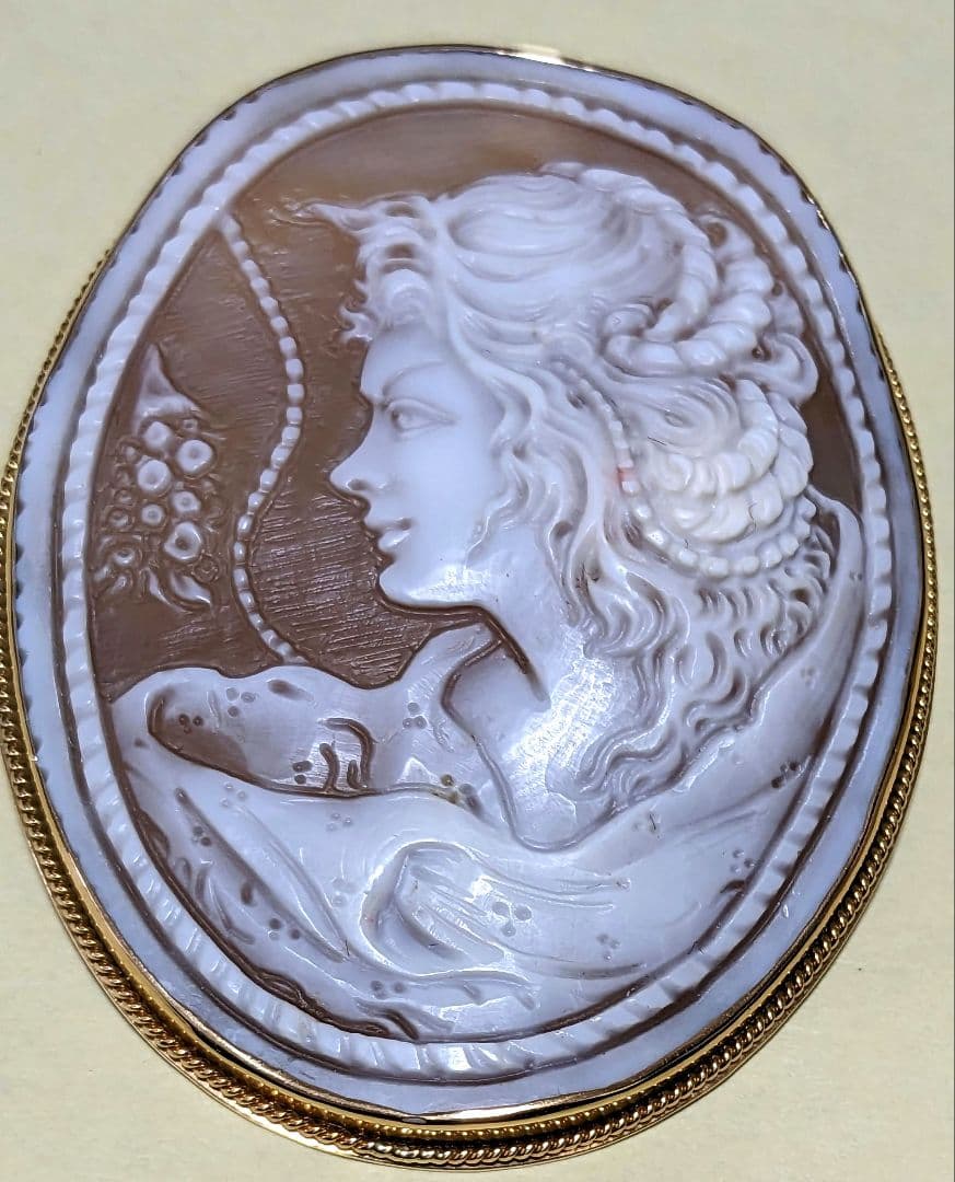 18金 天然シェルカメオブローチ 長さ74㎜重さ29g 作家サイン入 - メルカリ