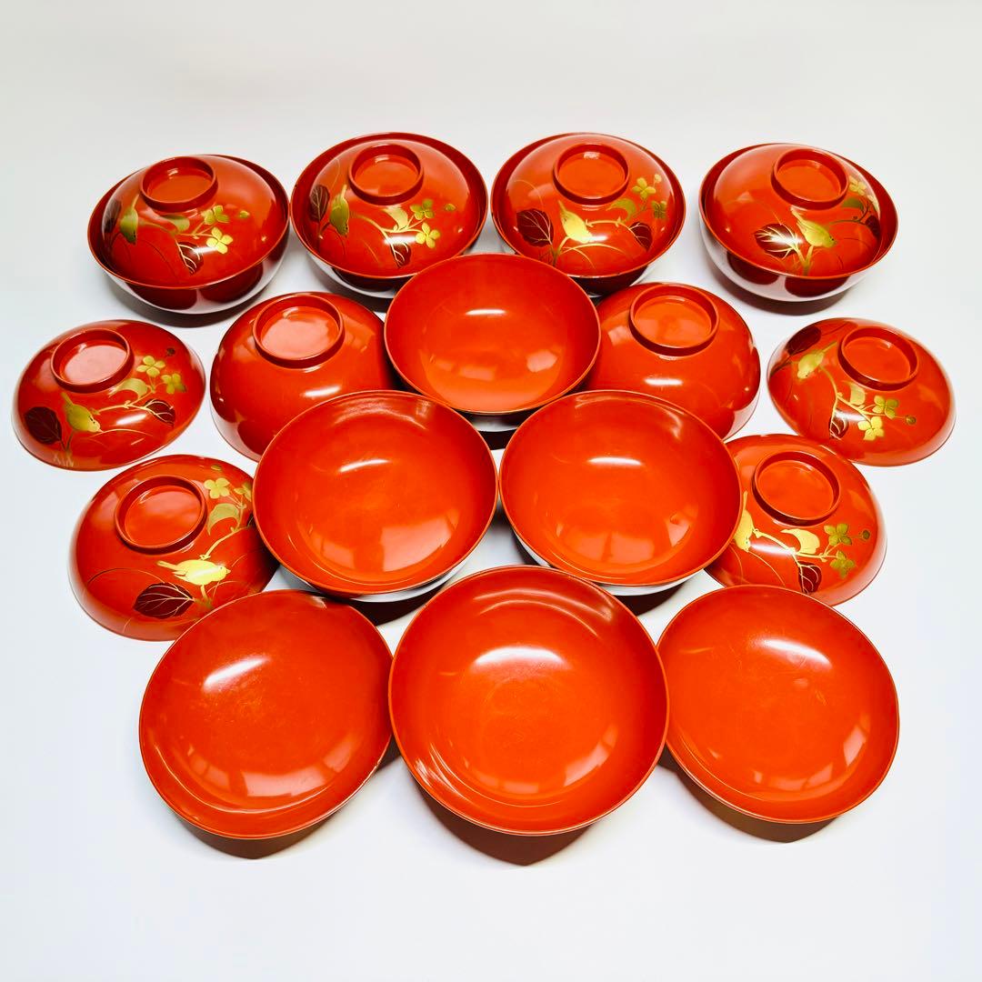 漆器 輪島塗 金蒔絵 鳥花絵 木製 朱 蓋付椀 お煮物椀 吸物椀 10客 骨董