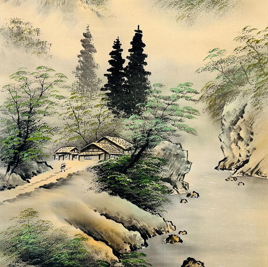 見事‼︎ 平野 翠雪 筆 彩色山水 掛け軸 掛軸 肉筆 共箱 タトウ箱 尺八