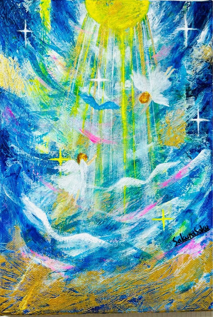 降り注ぐ金色の光】,天使,angel,空,青空,光,ブルー,青,青い鳥,抽象画
