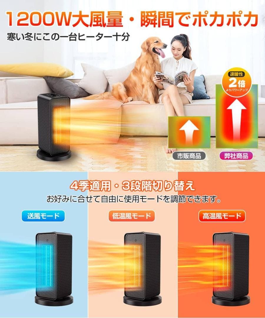 自動首振りで広範囲を暖めるセラミックファンヒーター 3段階温度調整
