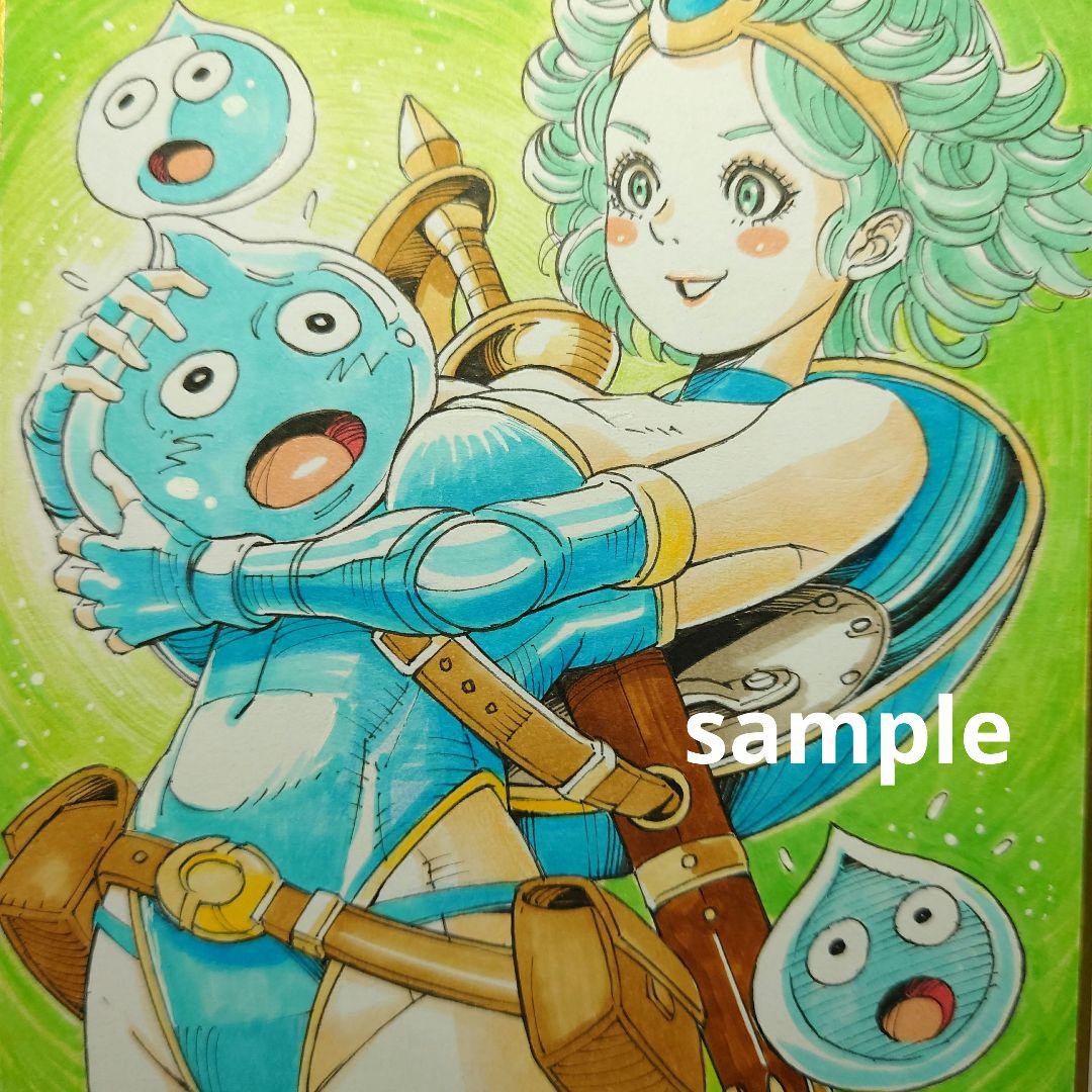 手描きイラスト 083】オリジナル原画色紙 美人画 「女勇者とスライム