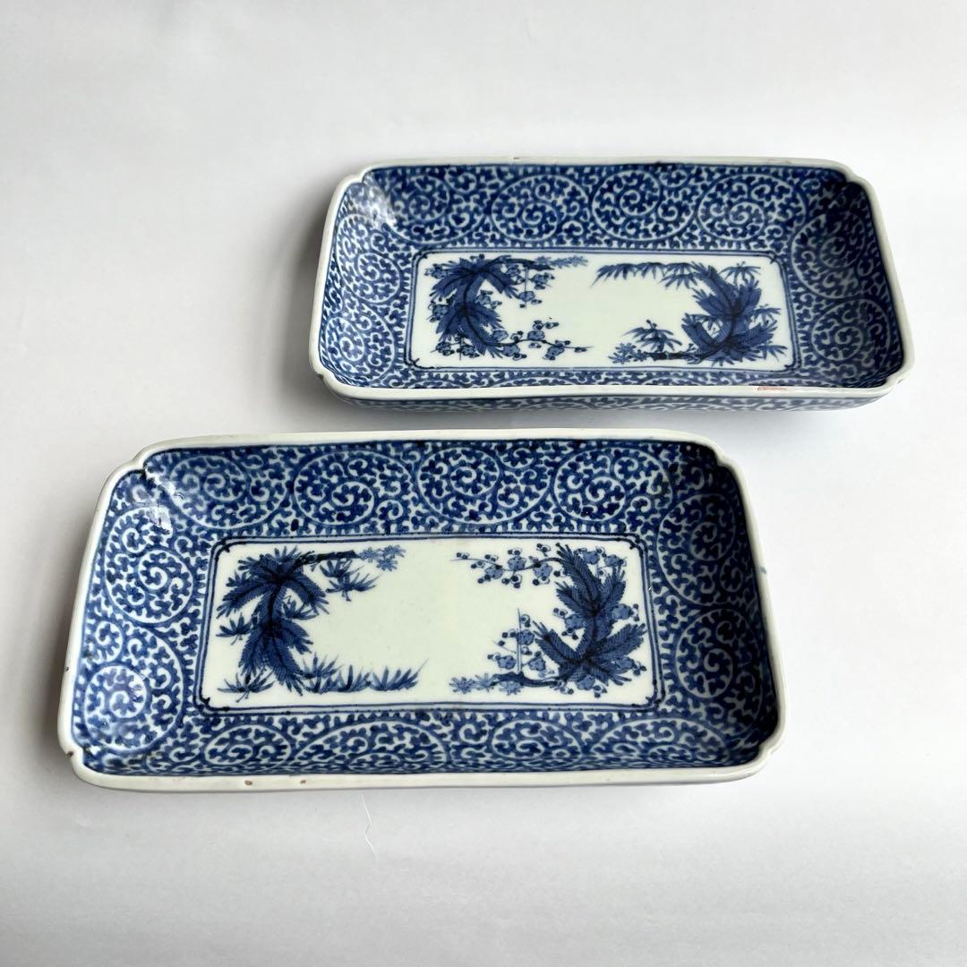 江戸中期 元禄 古伊万里 奇玉宝鼎之珍 染付 松竹梅 蛸唐草文 長角皿 5