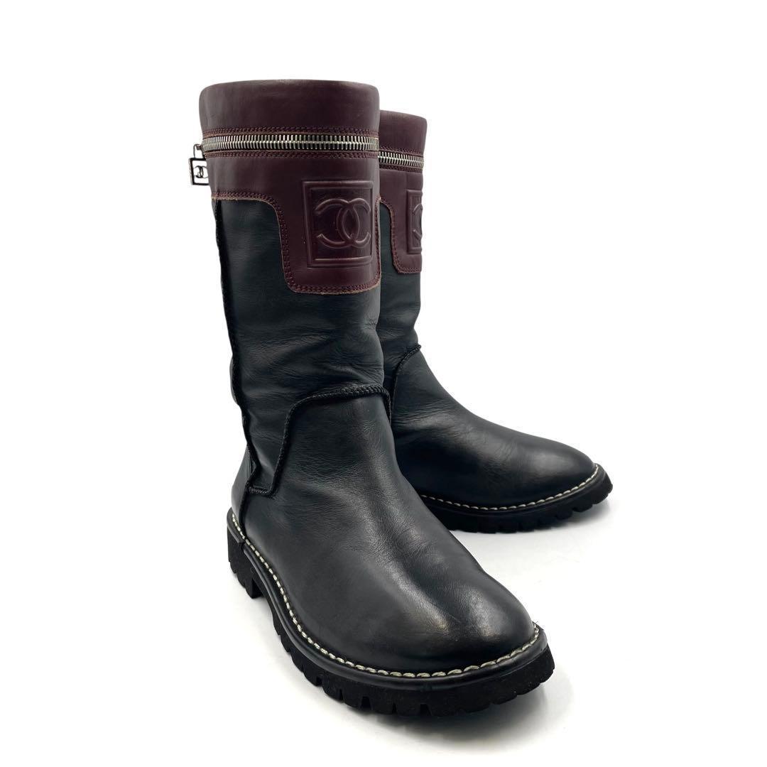 《超美品》シャネル ココマーク ロングブーツ 本革 ブラック ボルド 黒系 39