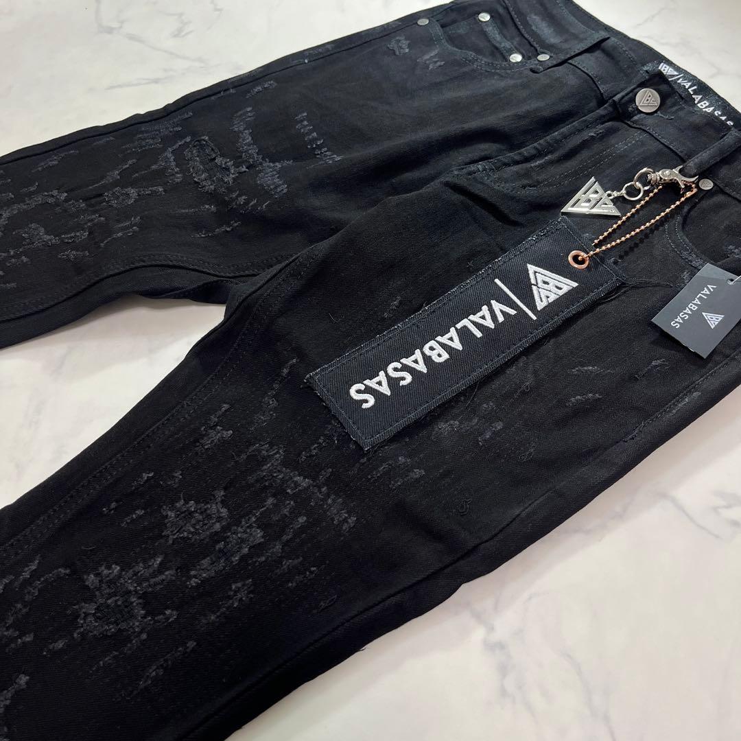新品バラバサスvalabasas スキニーフレアデニム ブラック ダメージ 30