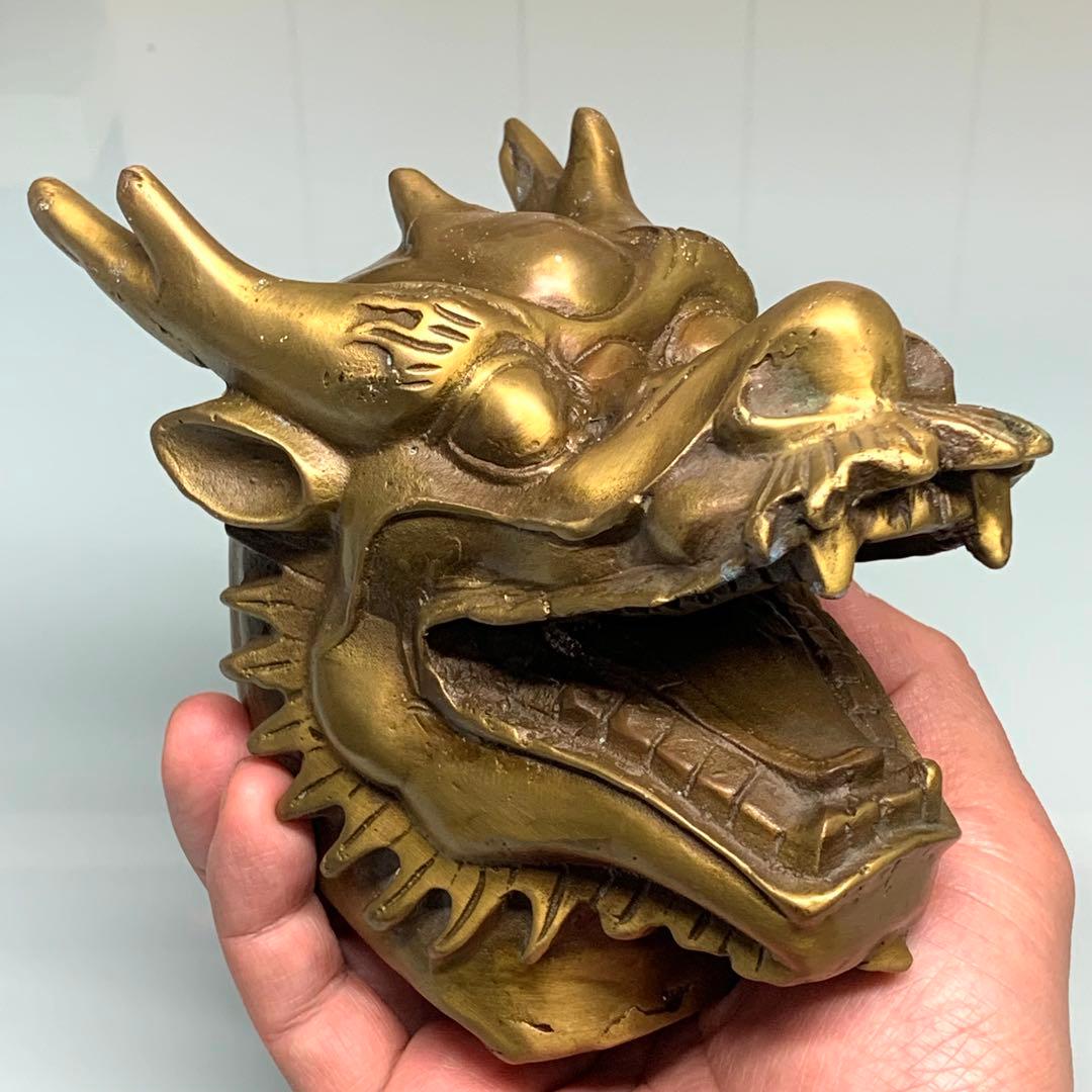 縁起物　文房具　純銅製の龍頭　龍の彫刻　文鎮　置物　時代物　古美術 古美術 文鎮 置物 龍 細工 金属工芸 古銅 骨董品 飾り物 開運風水