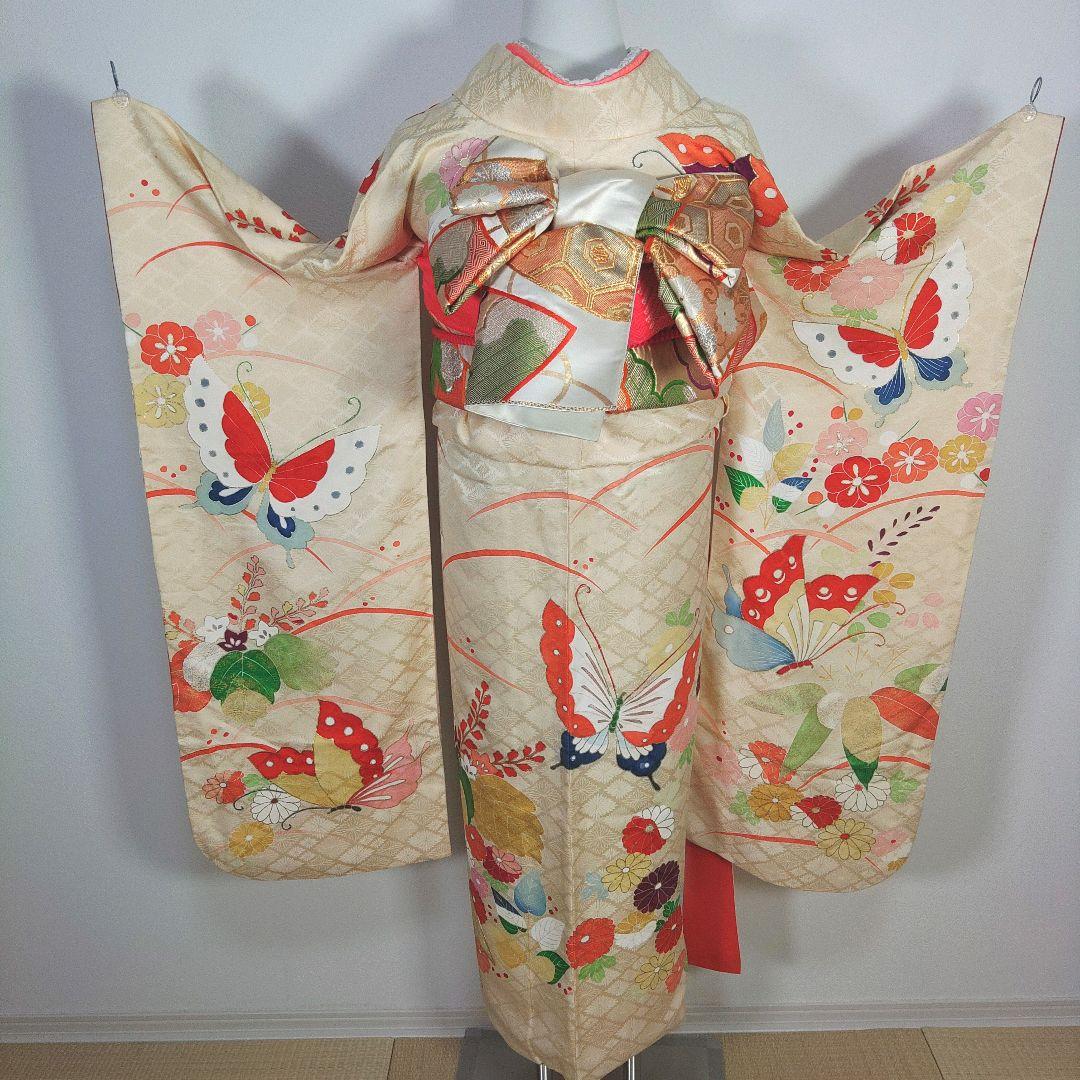 格安！ 振袖フルセット 8点 成人式 結婚式 前撮り 蝶々 クリーム色
