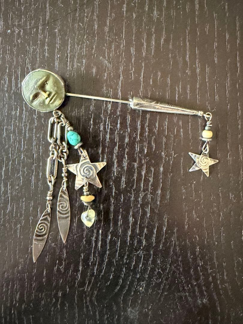 シルバー925 ヴィンテージ ピンブローチ 月 顔 星 モチーフ 台湾 【西洋アンティークジュエリー】JJ シルバートーン 星・月・月