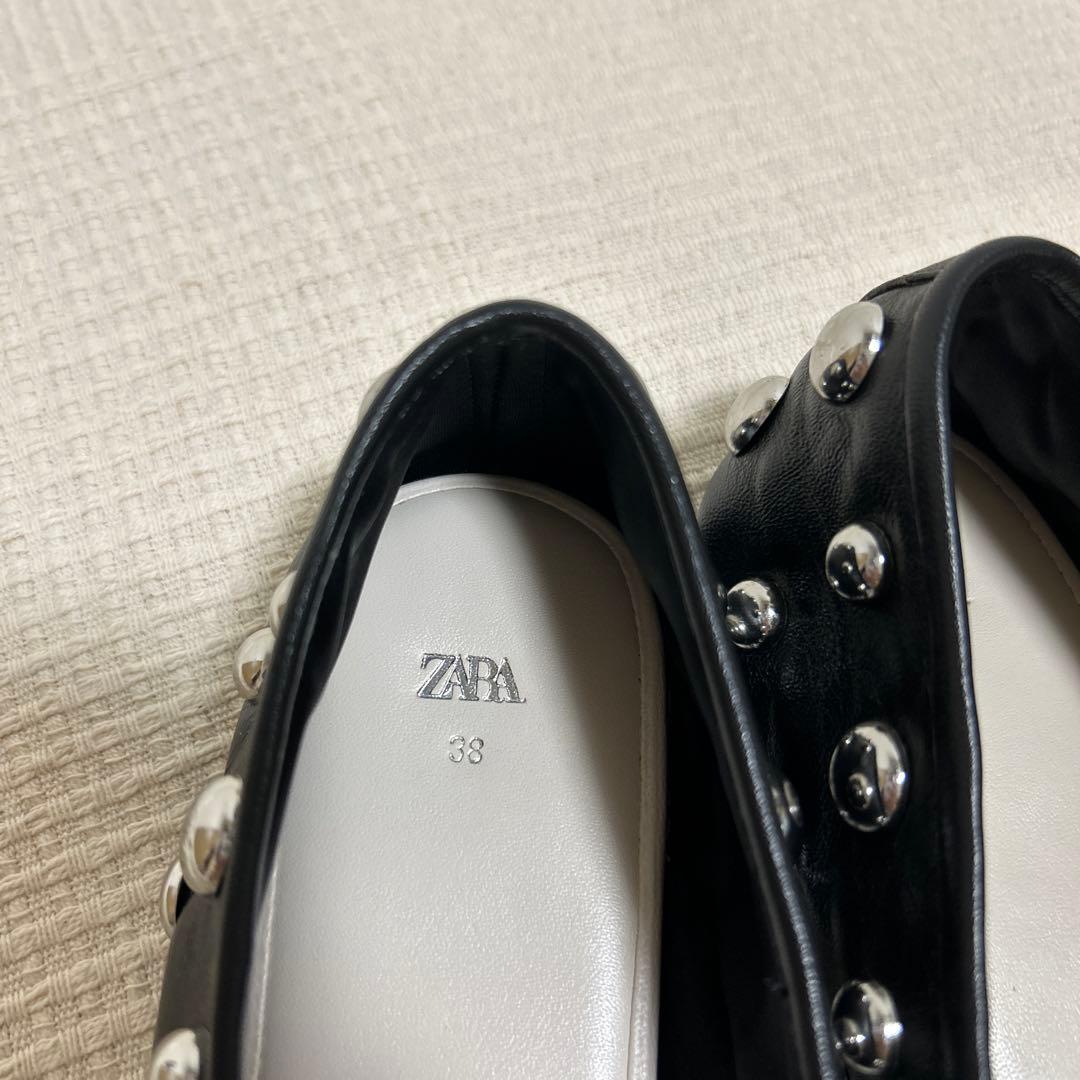 ZARA ザラ スタッズ付きレザーバレリーナシューズ 38 (24.6cm)
