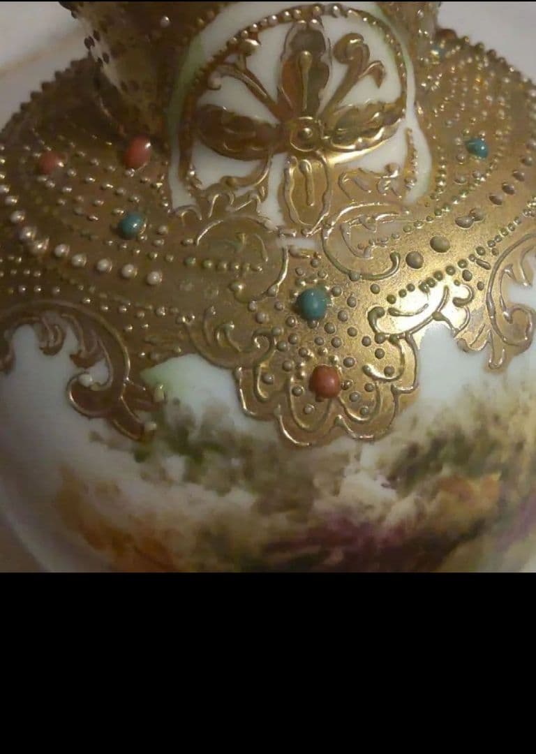 美*穂様 オールドノリタケ 金彩 メイプルリーフ エナメルビジューの美しい風景絵 ノリタケ オールドノリタケ 金盛りエナメルジュール湖畔風景絵 ボウル