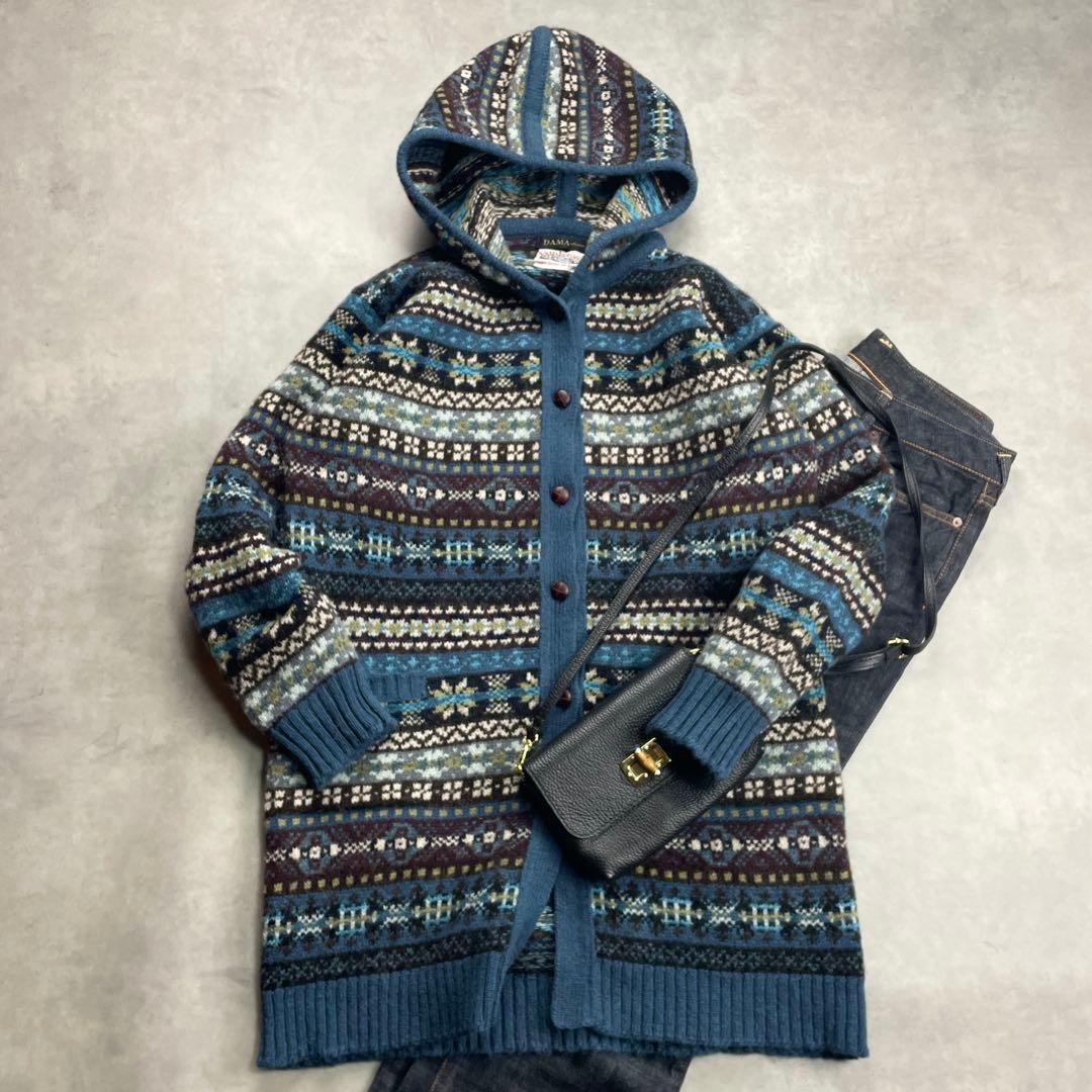 美品 ジャミーソンズ フード付ニットロングカーディガン フェアアイル