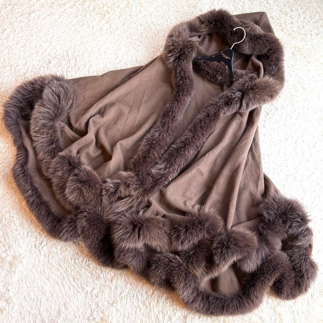 カシミヤ✨️フォックス ポンチョ】 フード付き 本毛皮 マント コート 茶