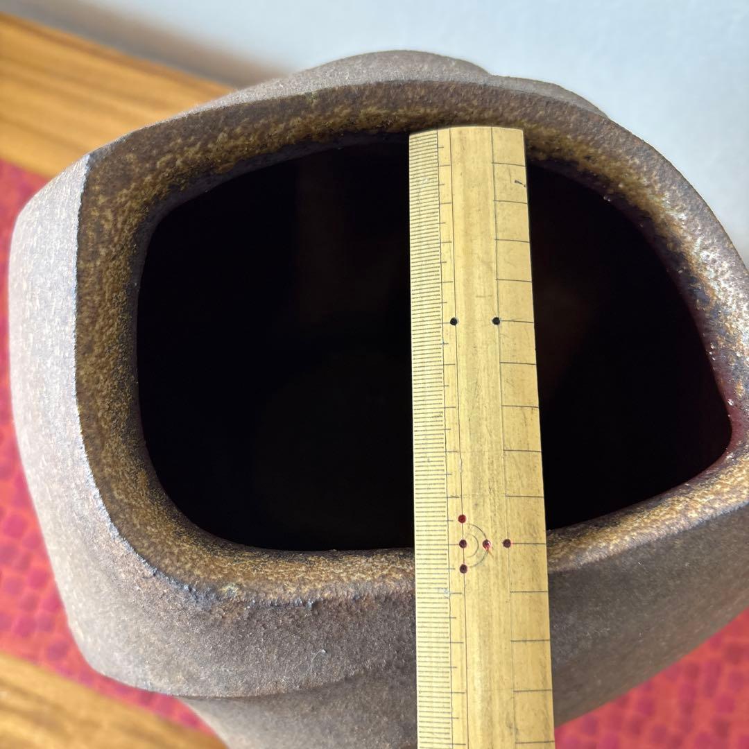 山下譲治 備前扁壷 綾線文扇壺 共箱共布栞 高さ約