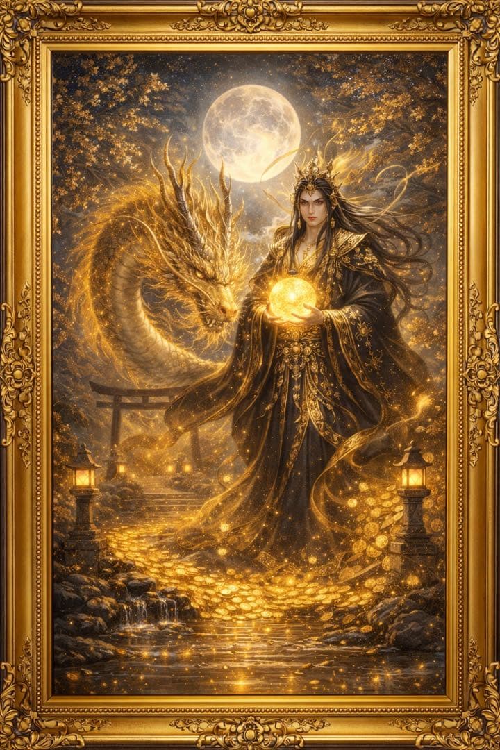 開運絵画】黄金龍と月下の守護王 - メルカリ
