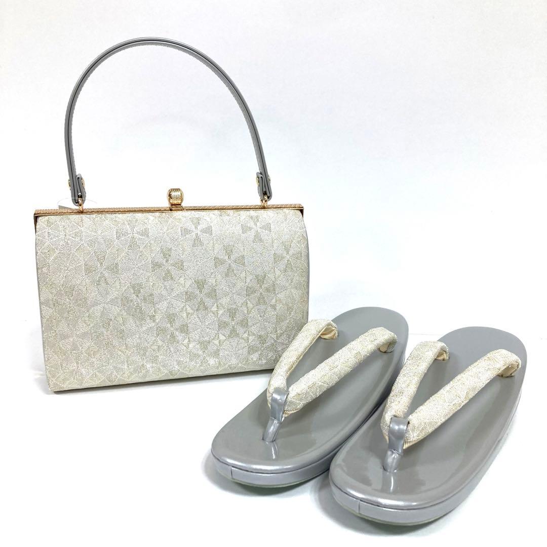 ☆新品未使用☆礼装用佐賀錦シルバー系草履バッグセット フリーサイズ