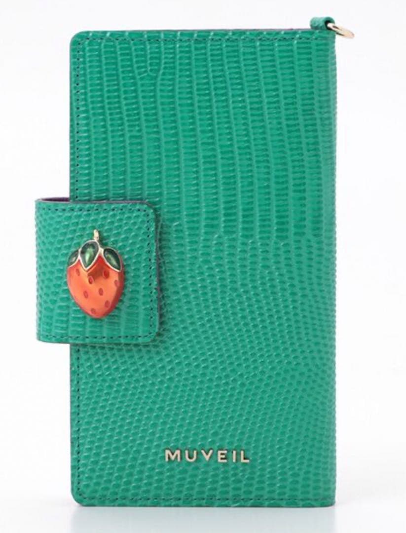 MUVEILミュベールスマホケース手帳タイプ　グリーンxイチゴ スマホケース 全機種対応 手帳型 ショルダー いちご android対応