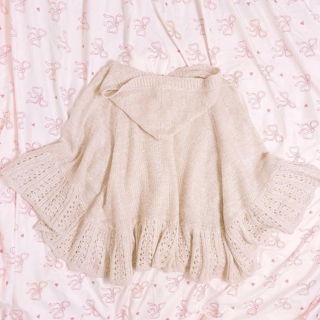 美品✨Lizmelo リズメロ ニットポンチョ ベージュ リボン ケーブル M