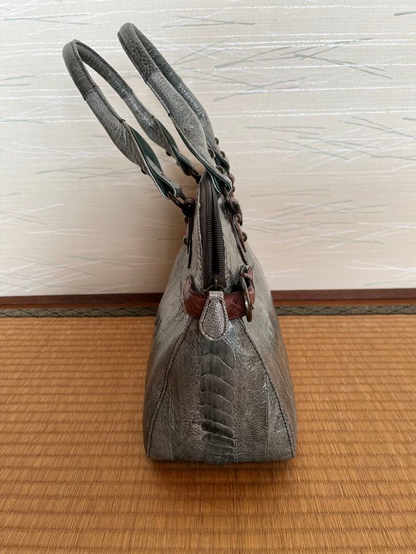 希少】本革 オーストリッチレッグ パッチワーク ハンドバッグ グレー系
