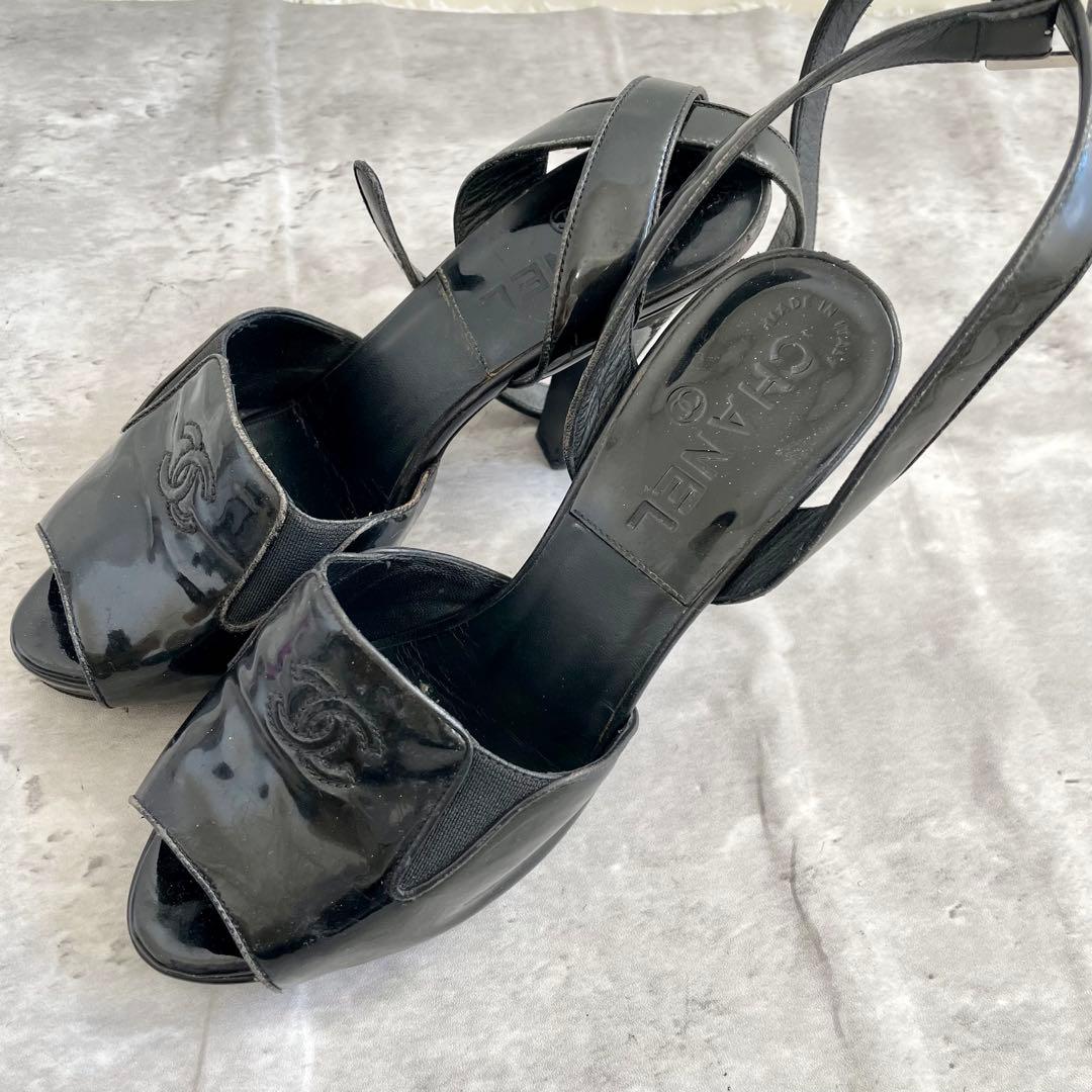CHANEL アンクルストラップ ココマーク エナメル パンプス 35C CHANEL オープントゥ エナメル パンプス シャネル ココマーク｜Yahoo