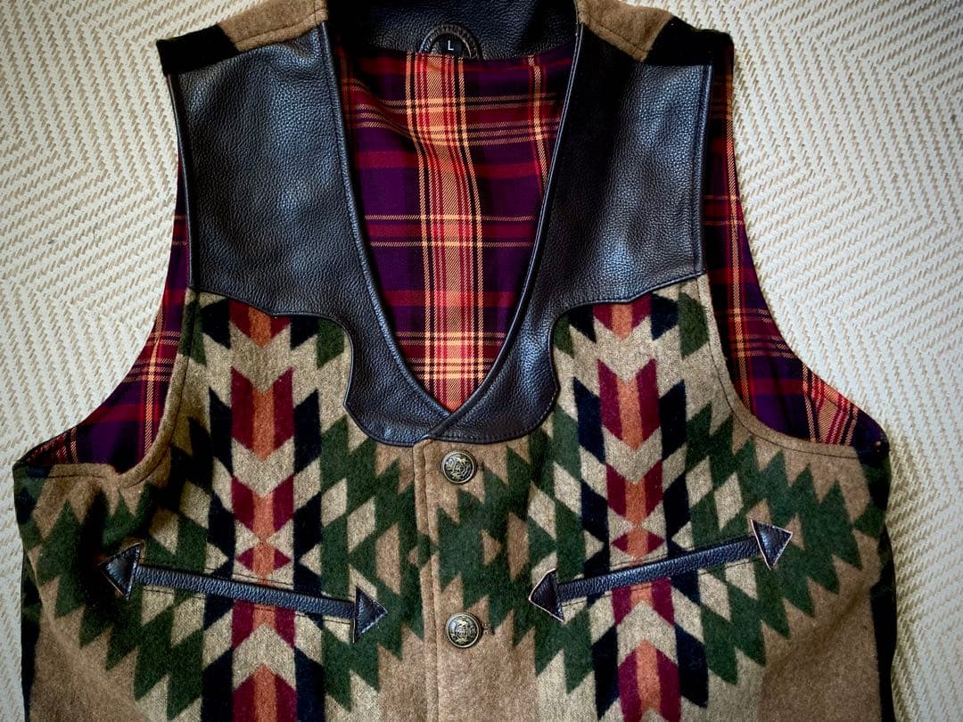 ウエスタン ナバホ柄 本革 ウール レザーベスト 新品 メンズ サイズL ￼ レザーベスト メンズ 革ベスト レザー ベスト 革 ラム革 ブラウン 茶色