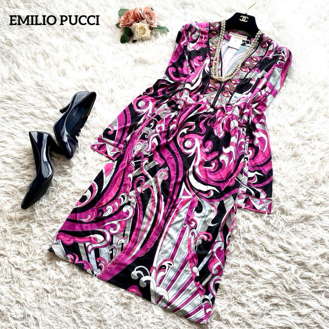 美品✨エミリオプッチ ワンピース ビジュー プッチ柄 ピンク Vネック