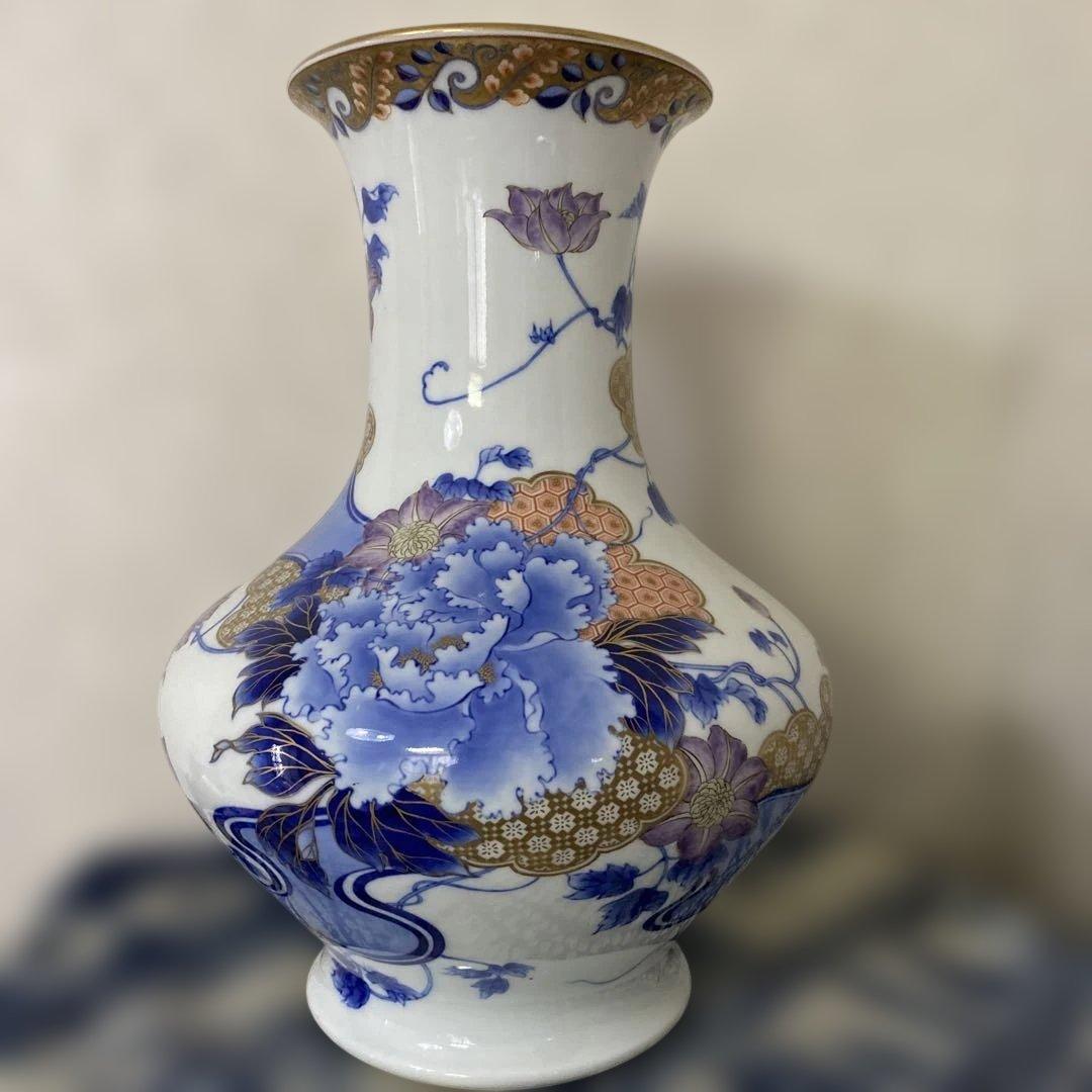明治時代オールド初期香蘭社金彩牡丹染錦花瓶