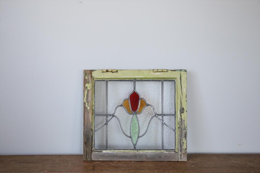 英国アンティークステンドグラス窓枠/ガラスウィンドウ/建具(84-212-8) 色使いが魅力の英国アンティークステンドグラス（アンティーク枠