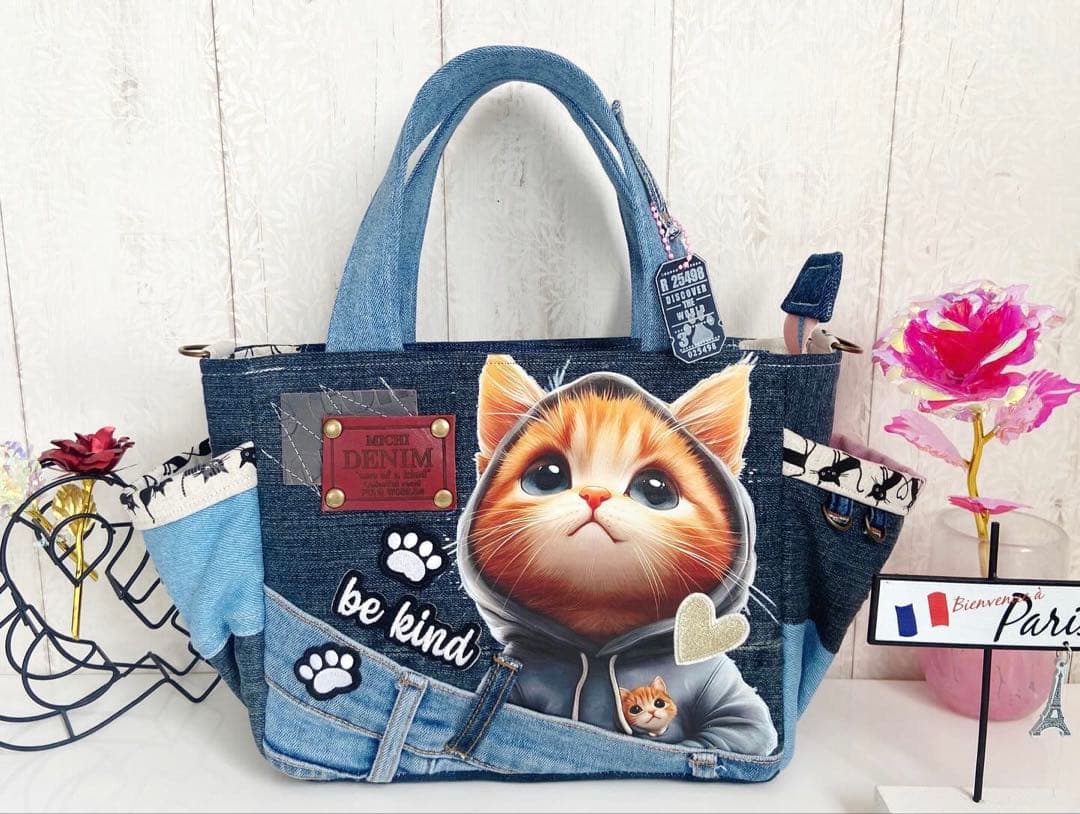 デニムリメイクバックS パールデニム×猫 デニムリメイクバックS パール