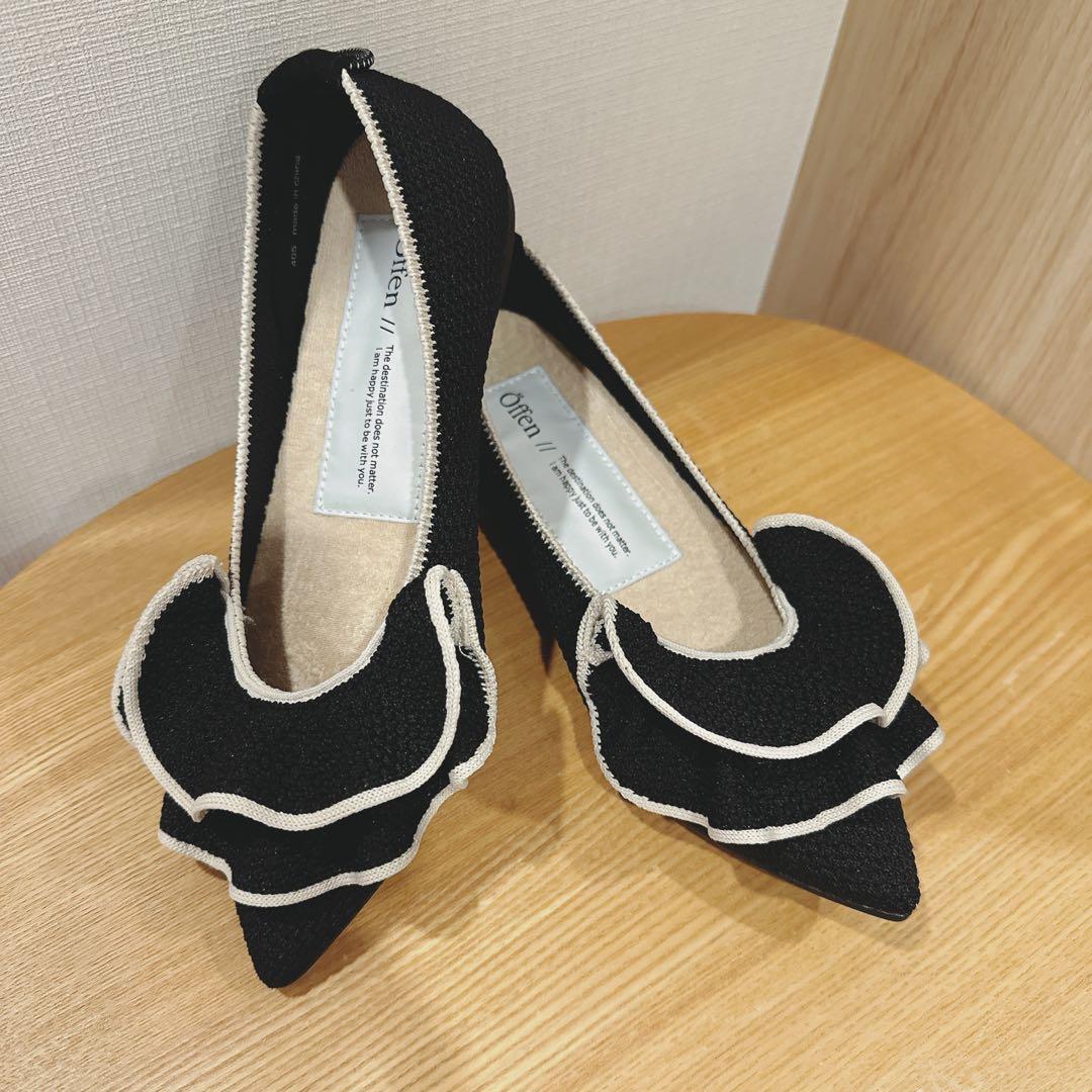ほぼ新品　Offen オッフェン　フリル付き黒フラットシューズ　36 Offen(オッフェン)｜pointed-RUBAN/BLACK の通販｜ELLESHOP・(エル