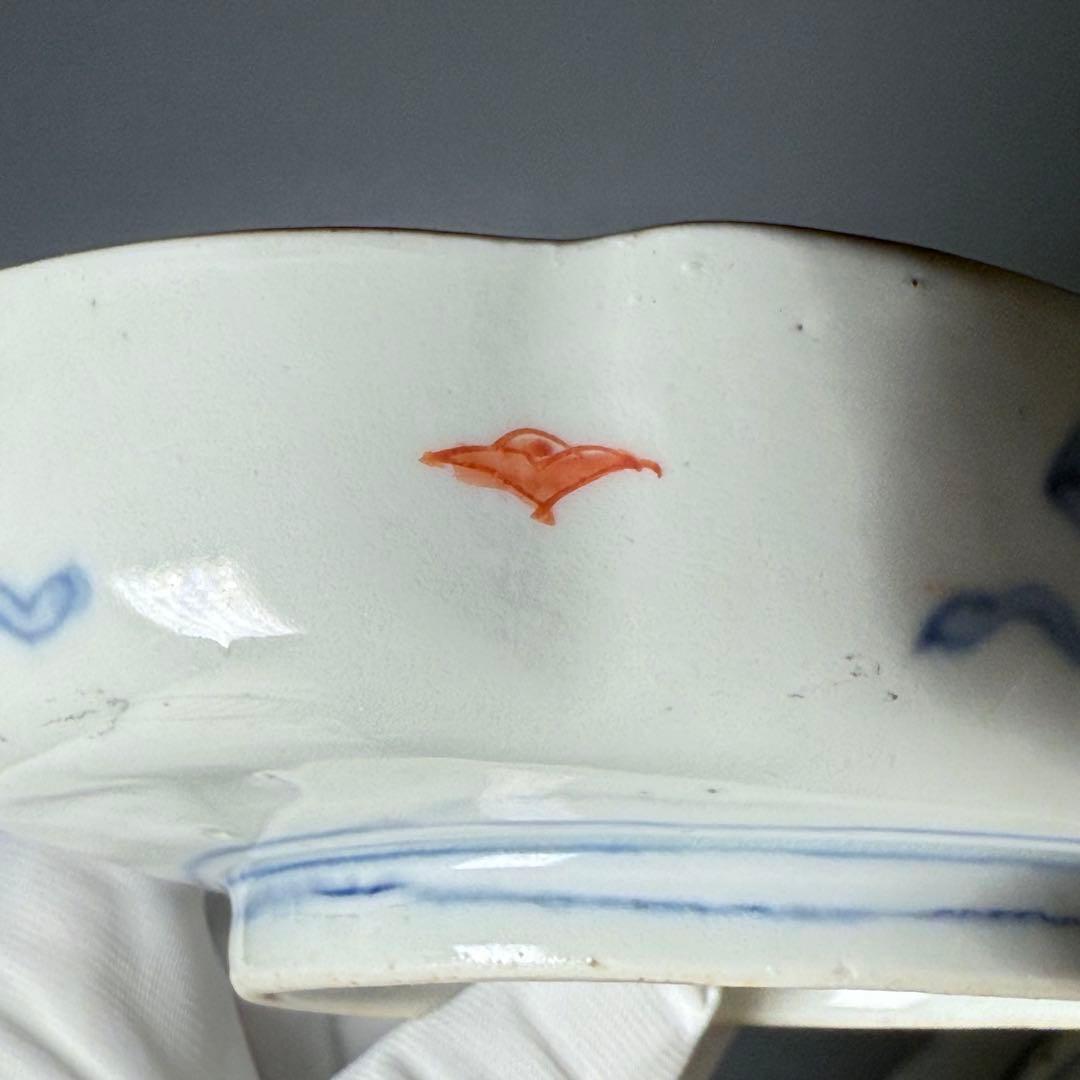 古伊万里 色絵幾何学文木瓜形皿 五客 裏文様有 巻物 宝珠 幕末〜明治期