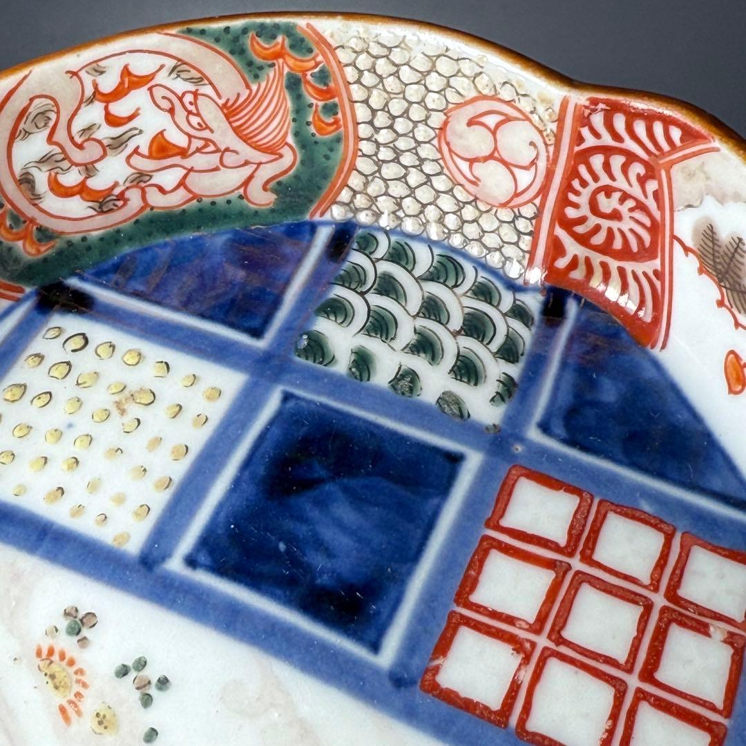 古伊万里 色絵幾何学文木瓜形皿 五客 裏文様有 巻物 宝珠 幕末〜明治期